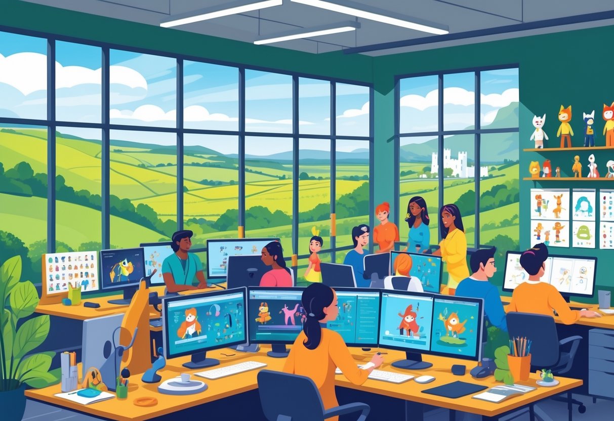 A creative studio with animators working at computers and drawing tablets, with a view of green hills and a castle outside the windows.