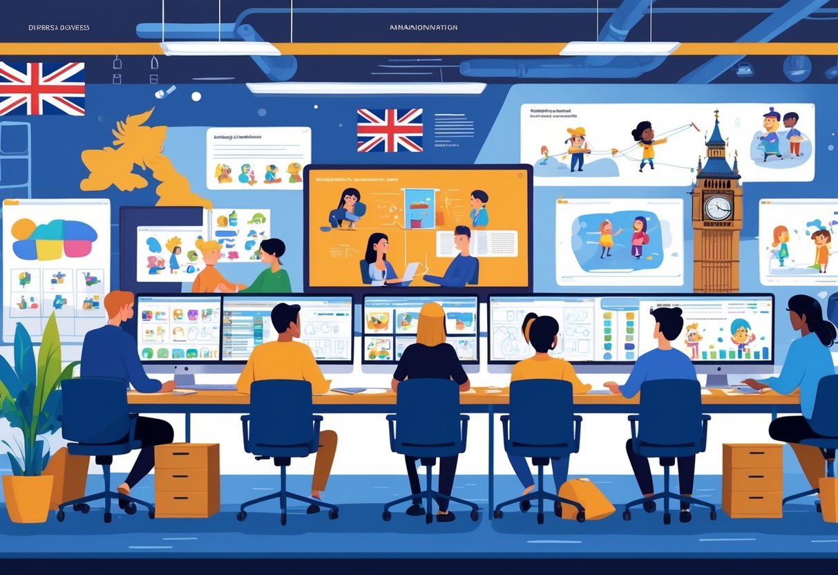 A creative studio with people working on computers and drawing boards, creating educational animations with UK-themed elements in the background.