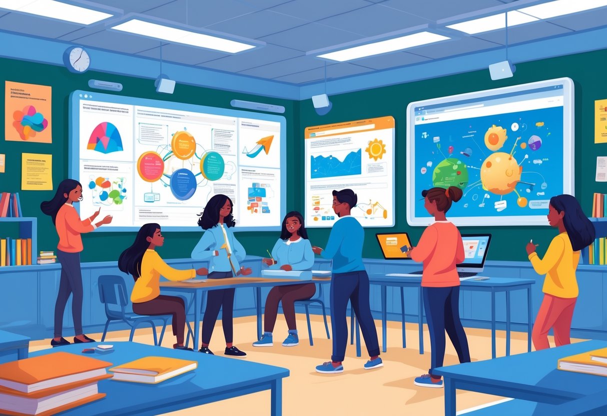 A classroom scene with educators and students interacting with various animated educational content on digital devices and screens.