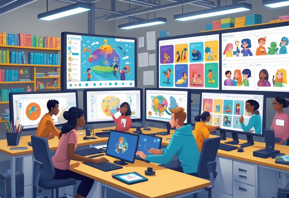 A team of people working together in a studio creating educational animations on computer screens.