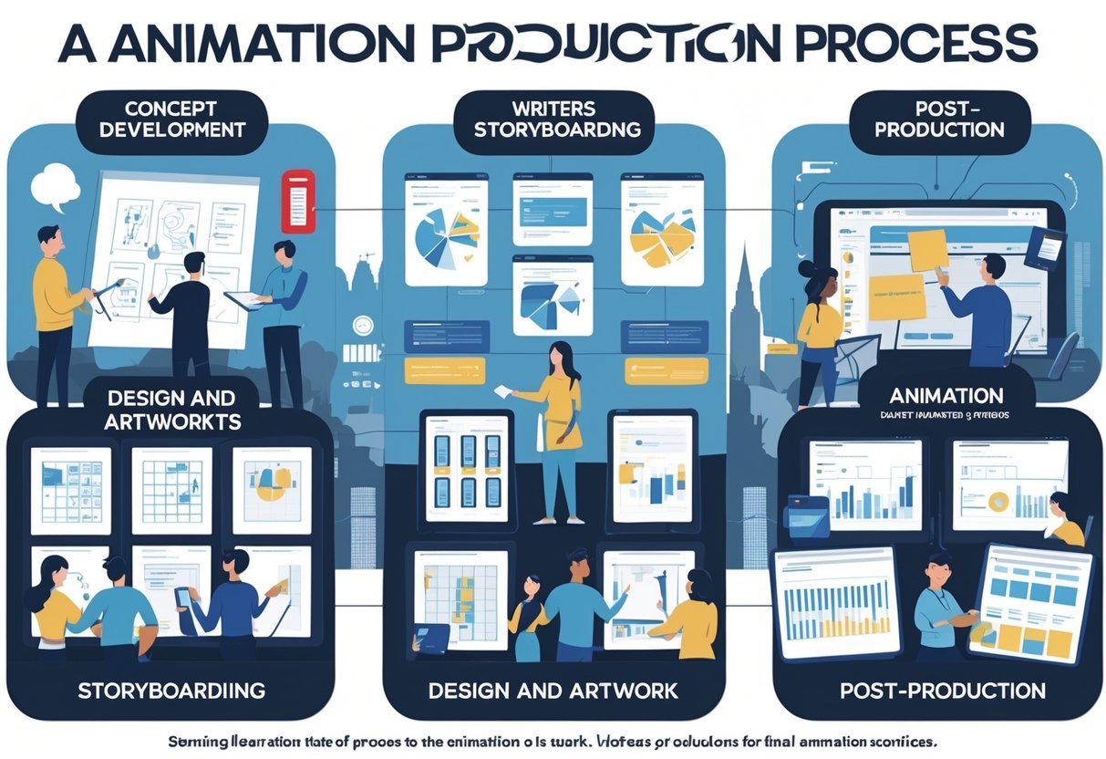 Illustration showing five connected stages of animation production with people collaborating on concept development, storyboarding, design, animation, and post-production, set against a subtle UK-themed background.