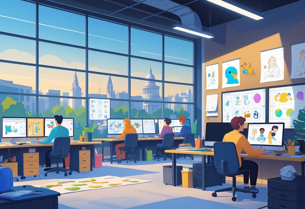 A busy animation studio with people working on computers and drawing tablets, with a view of Belfast city landmarks through large windows.