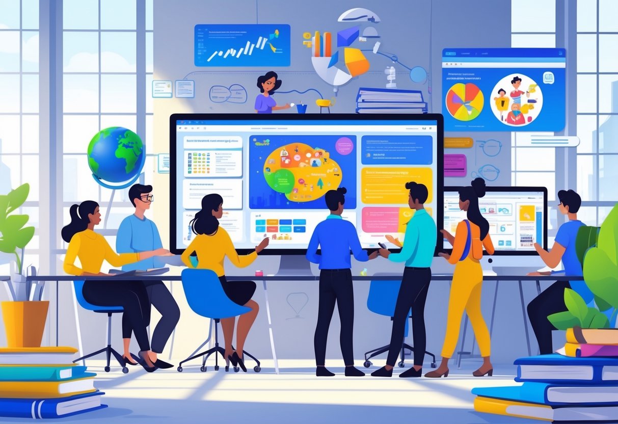 A team of professionals working together around a digital screen showing animated educational content in a bright office with books and technology.