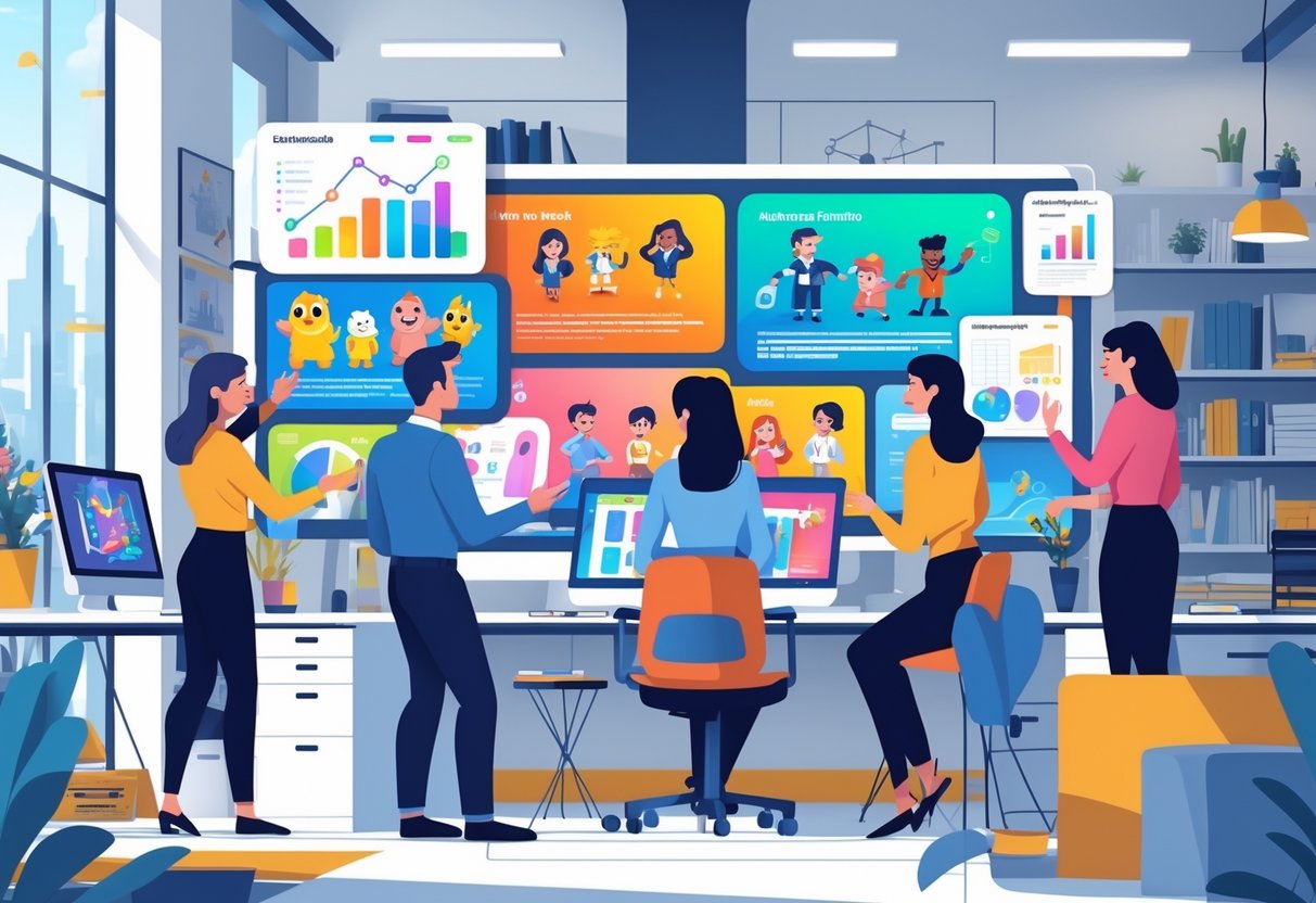 A team of people working together in an office on animated educational content, with computers and digital screens showing colourful animations.