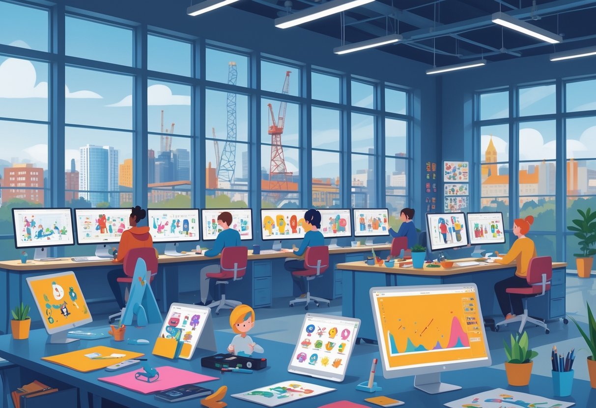 A busy animation studio with artists working at desks and a view of Belfast city landmarks through large windows.