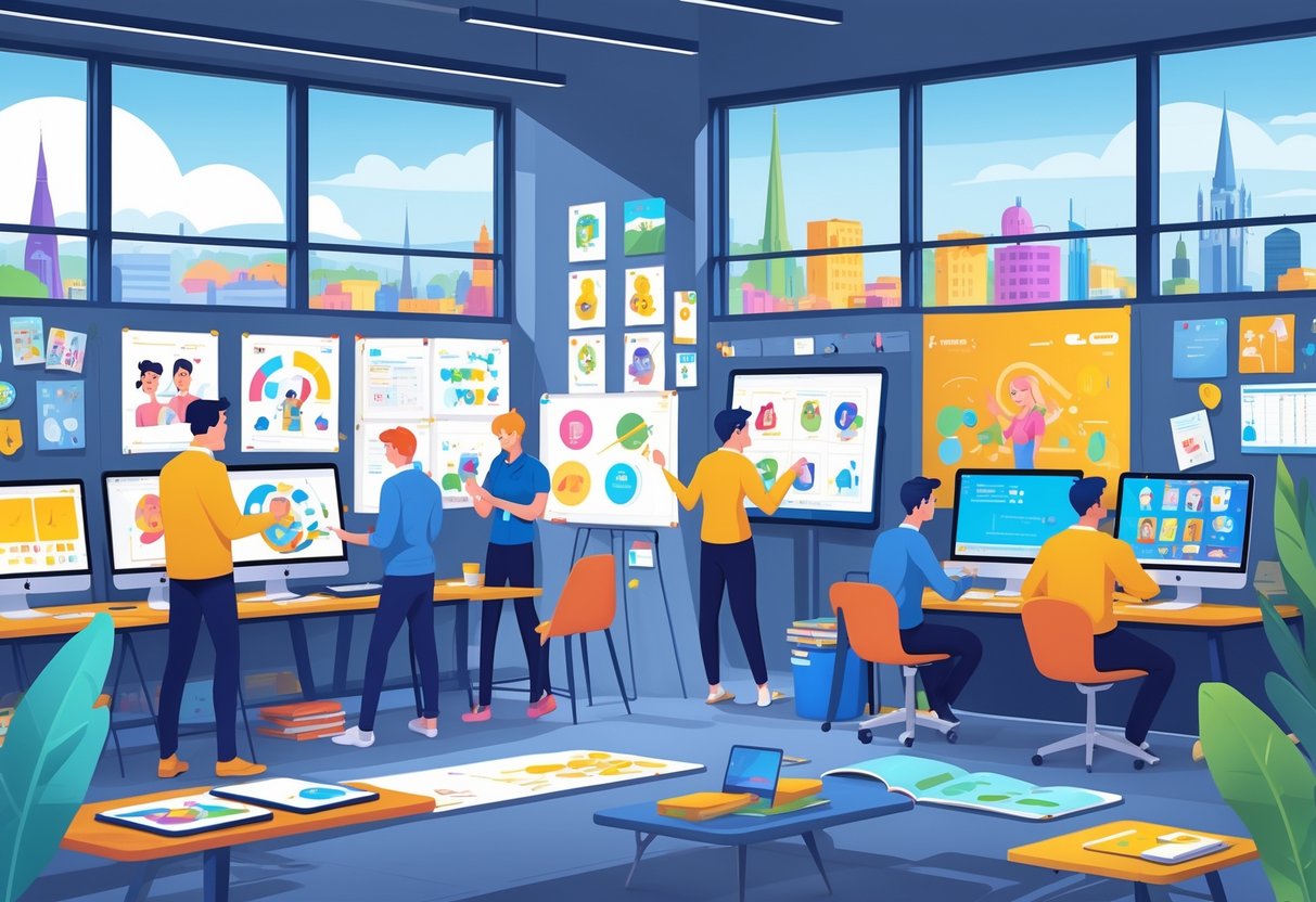 A busy animation studio in Belfast with people working on digital art and animation, surrounded by creative tools and city views through large windows.