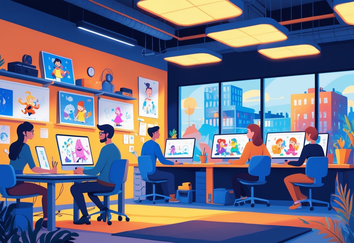 A busy animation studio with artists working on digital drawings and computers, with a view of Belfast city in the background.