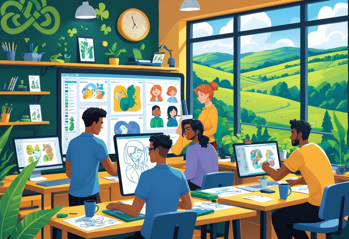 A group of animators working together in a bright studio with digital drawing tablets, surrounded by sketches and Irish cultural decorations.