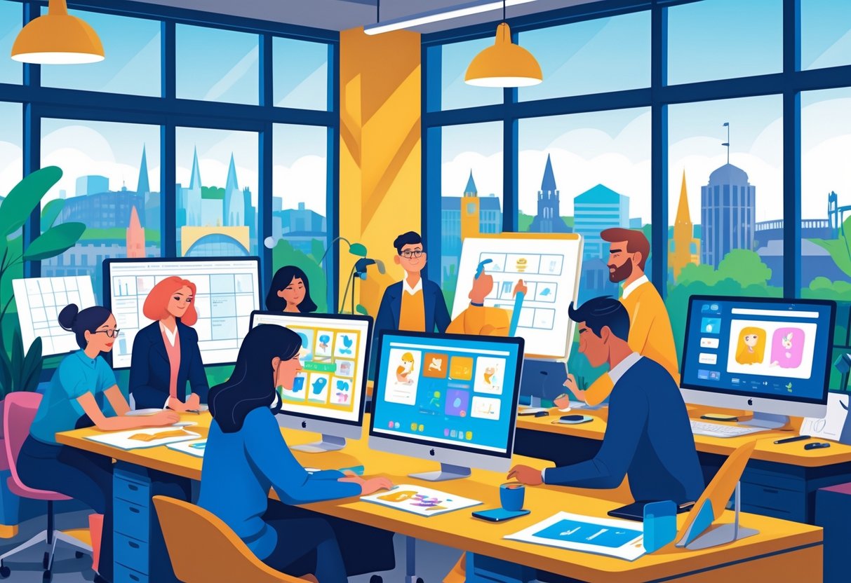 A team of creative professionals working together in an office with computers showing animation frames and a cityscape visible through the windows.