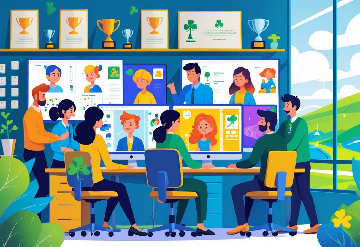 A team of people working together in a bright office with computer screens showing 2D animation, surrounded by awards and a window view of green hills.