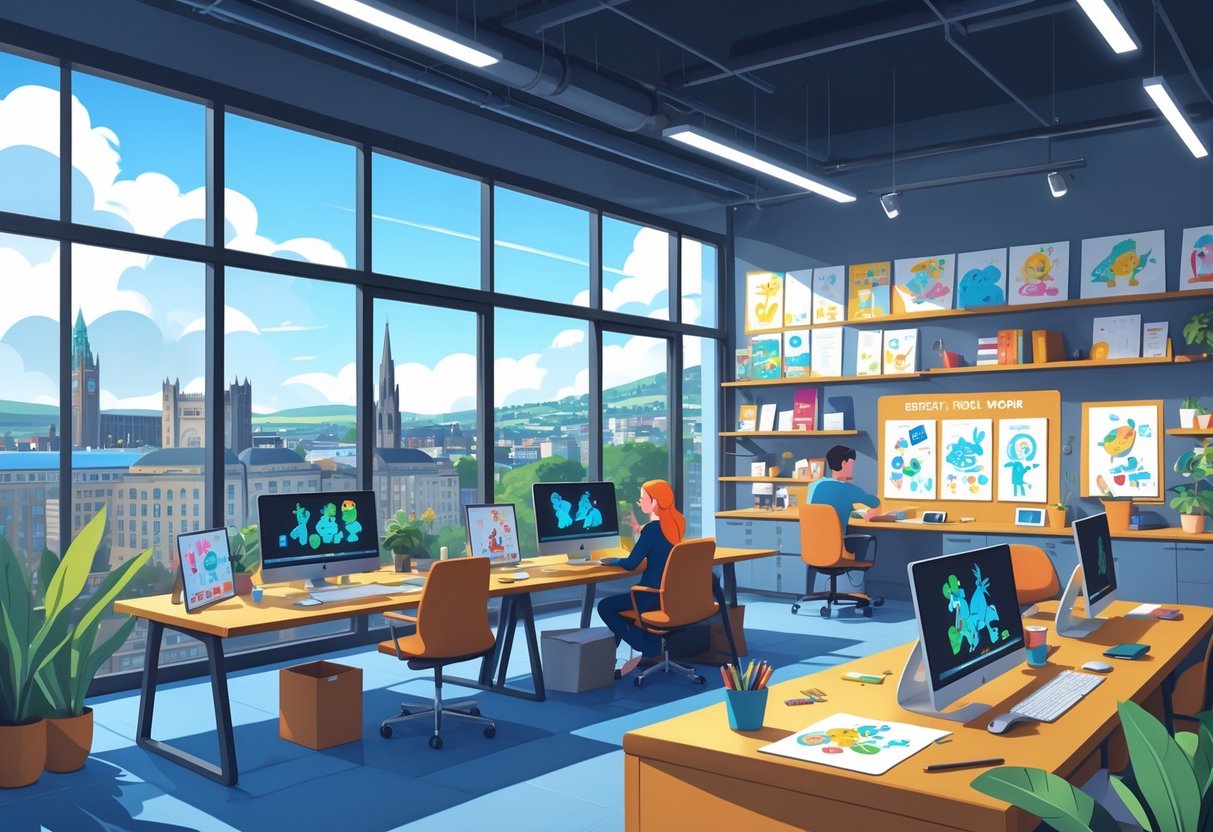 A bright animation studio in Belfast with artists working at desks and a city view through large windows.
