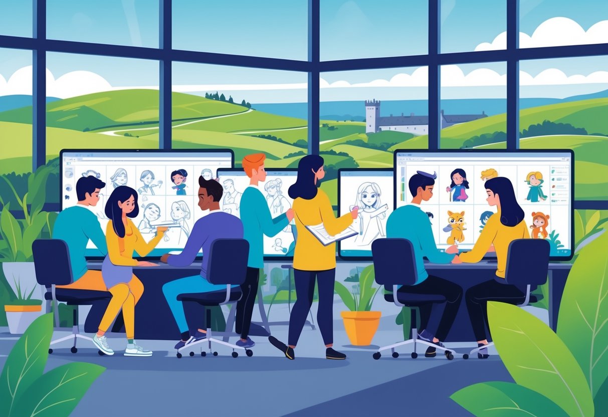 A creative studio with a diverse team working together on 2D animation projects, with views of Irish countryside in the background.