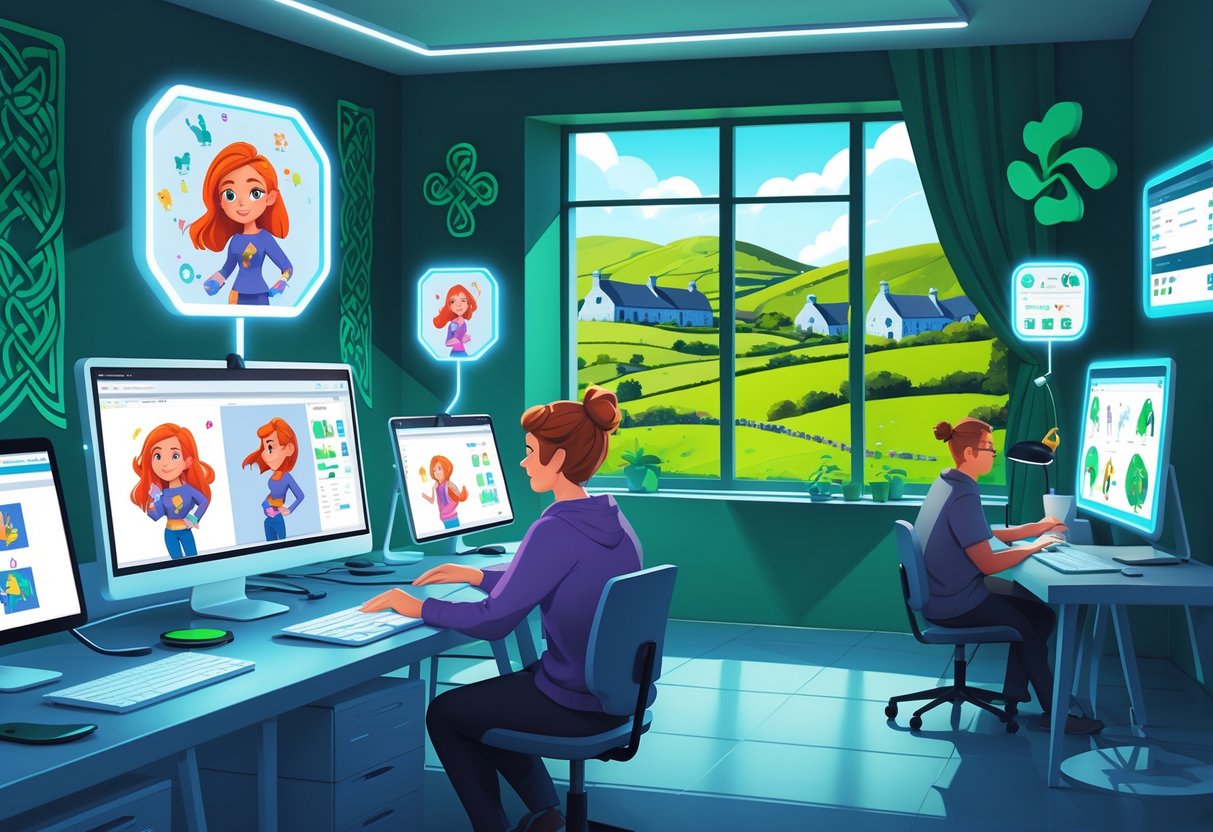 A creative studio with animators working on digital tablets and computers, showing 2D character sketches and holographic animation tools, with a view of the Irish countryside outside.