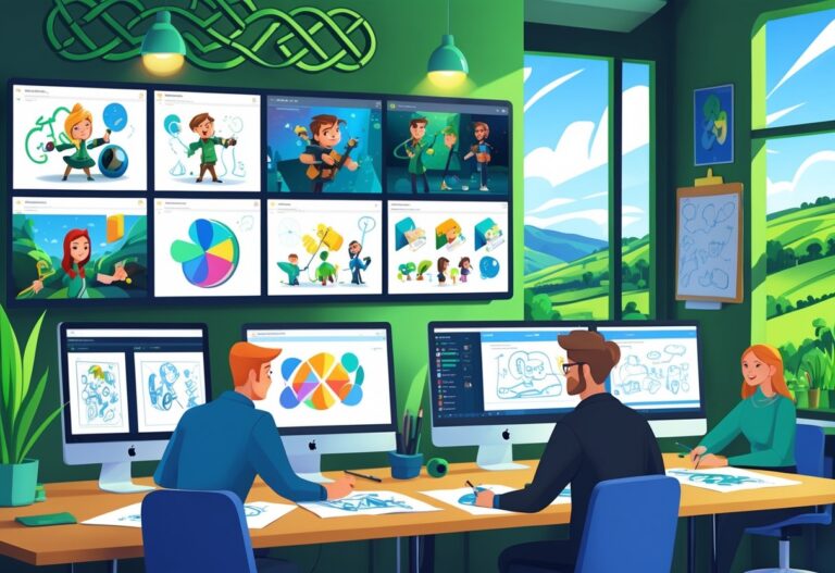 A creative studio showing different types of animation work including 2D characters, 3D models, stop-motion puppets, and motion graphics, with animators working together and a window view of green Irish countryside.