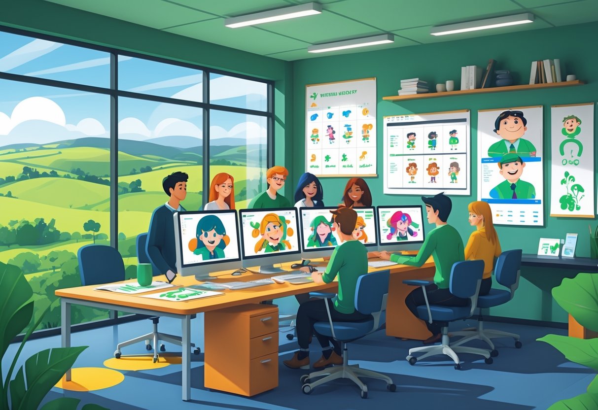 A team of animators working together in an office with computer screens showing 2D character designs and a window view of green hills.
