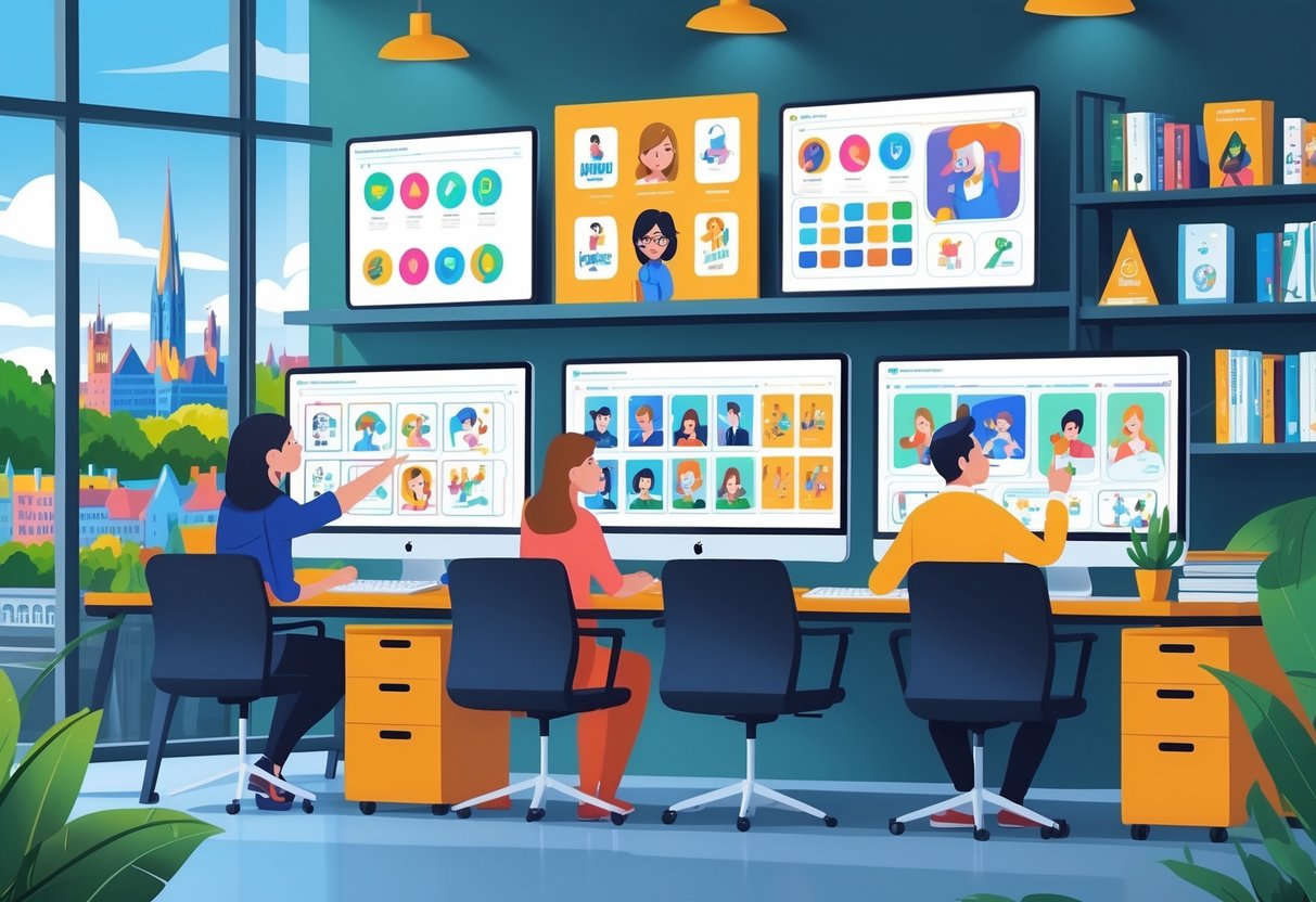 A team of creative professionals working together on animation projects in a modern office with computers and sketches, with a cityscape visible through the window.