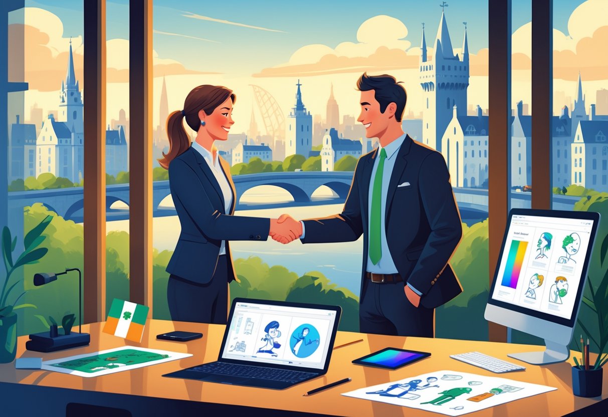 Two business professionals shaking hands in an office with views of an Irish city, surrounded by animation sketches and a laptop.