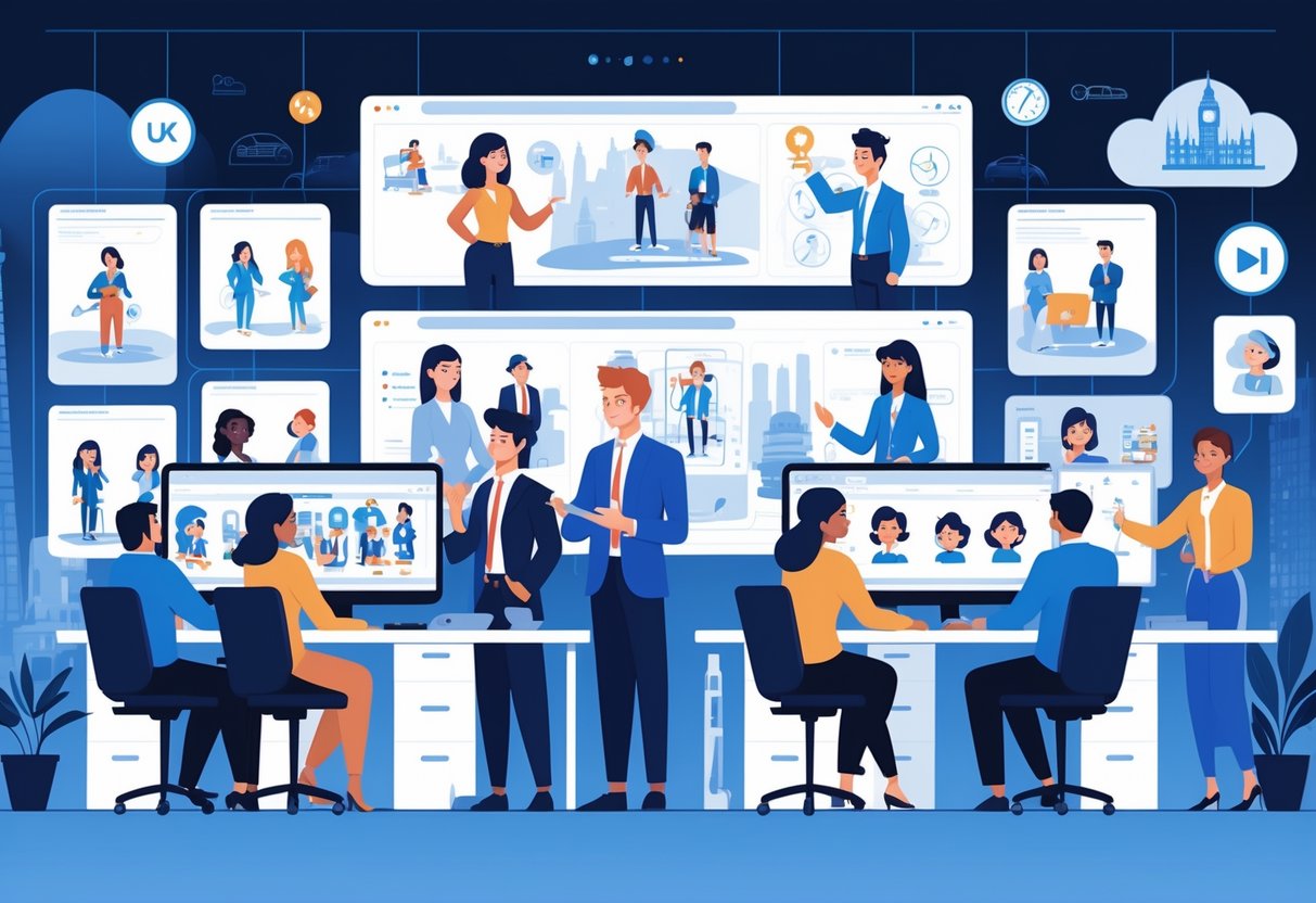Two teams collaborating remotely on animation projects, with UK businesspeople reviewing designs and a remote animation team working on computers, connected through video calls in a modern office setting.