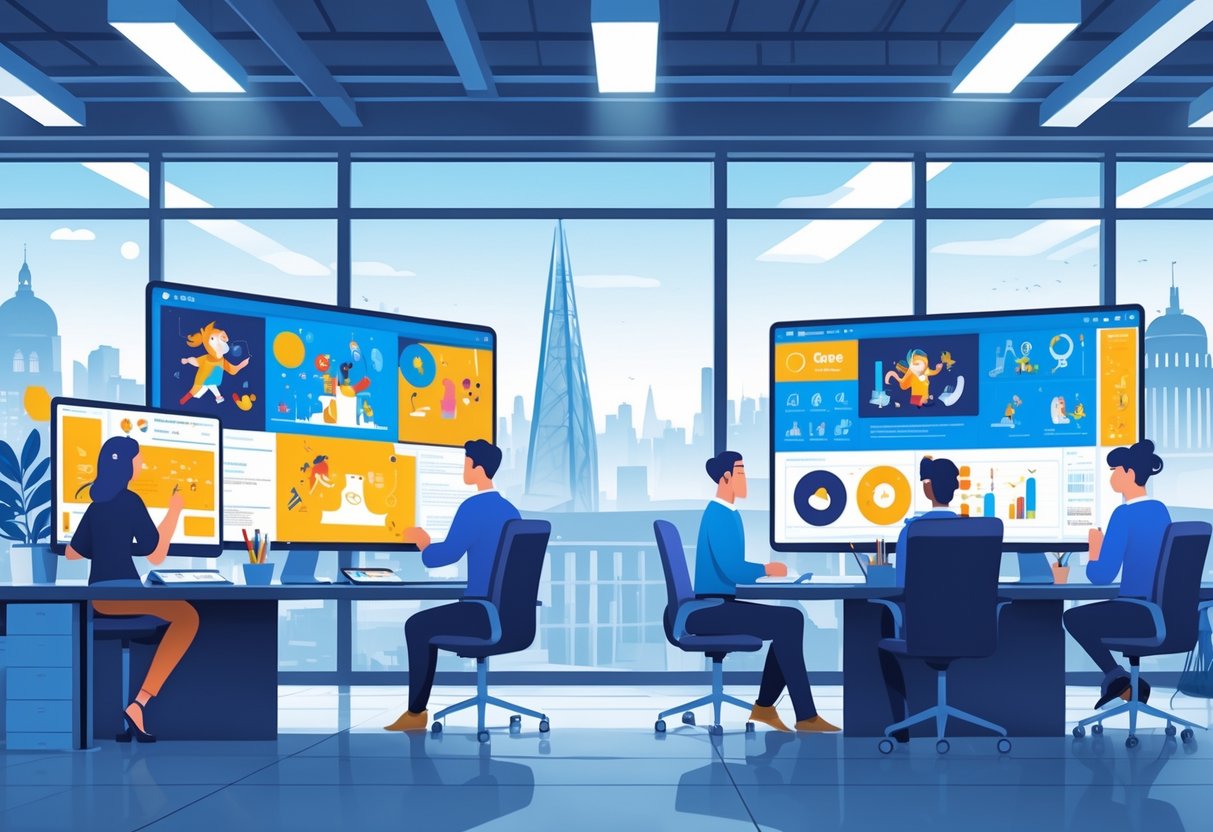 A busy office with creative professionals working on animation projects on computers, with a city view in the background.