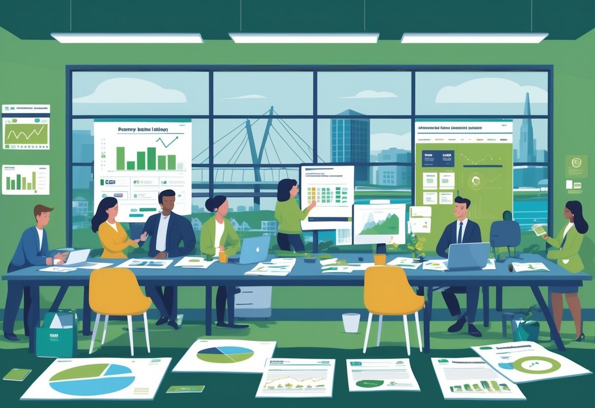 A group of professionals working together in an office with animation materials and regulatory documents, overlooking an Irish cityscape with landmarks.