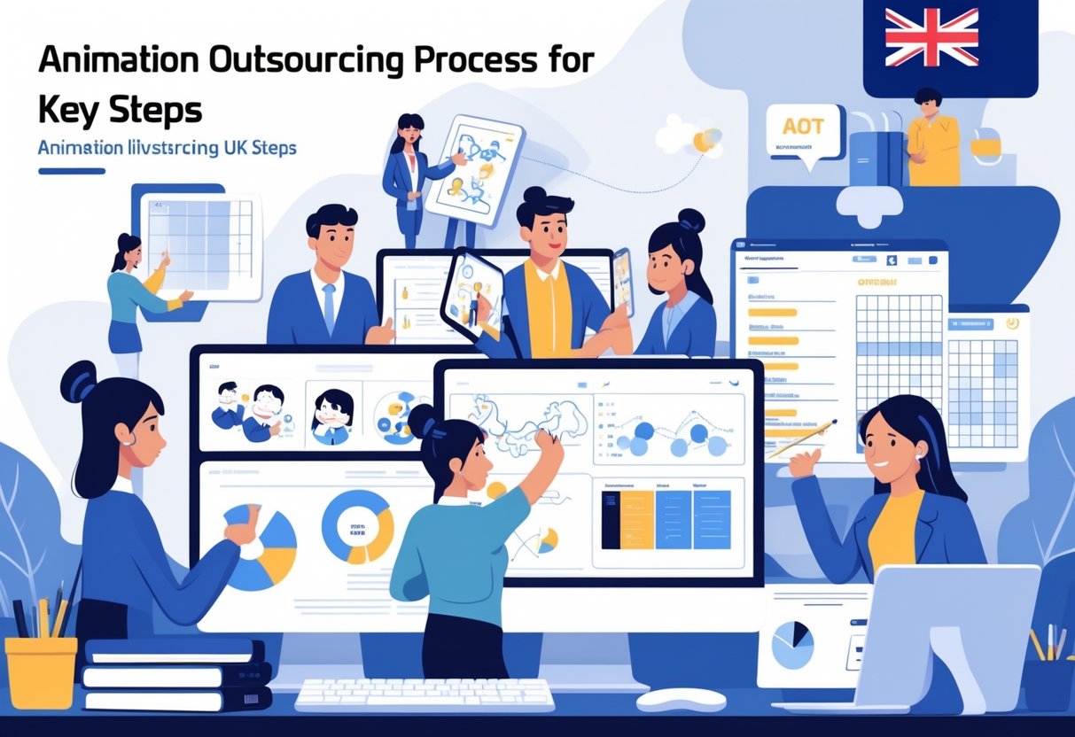 An office scene showing teams working together on different stages of animation production, including storyboarding, animating, project management, and quality control, with subtle UK-themed details.