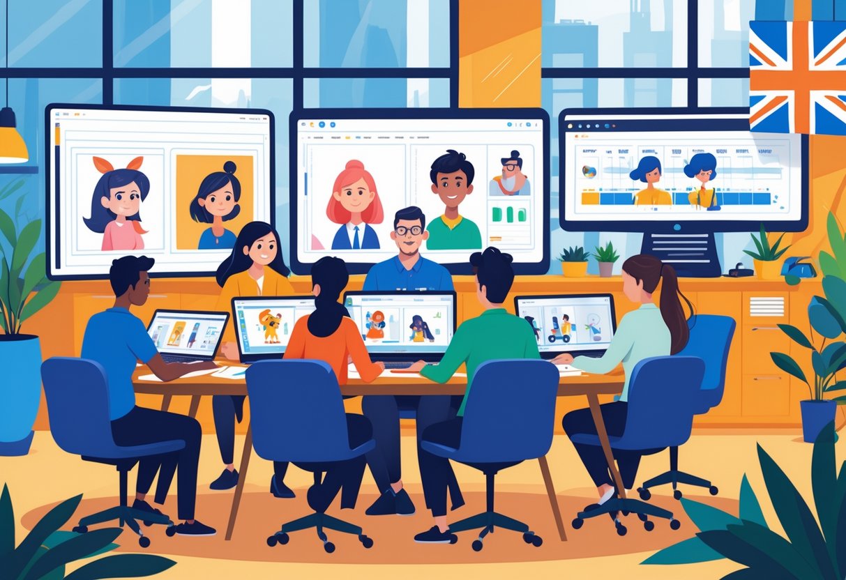 A group of animation professionals collaborating around a table with laptops and digital tablets in a bright office with a city view.