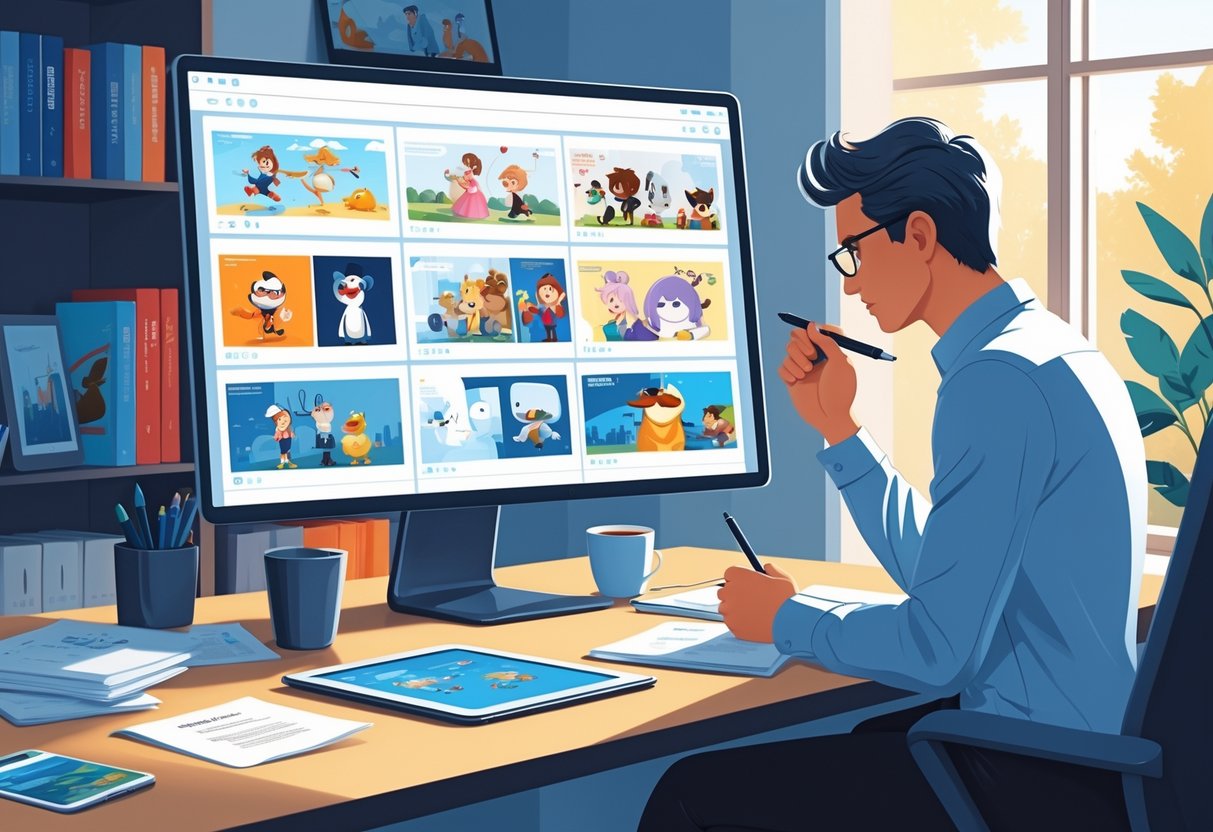 A person reviewing animation samples on a computer screen in a modern office workspace.