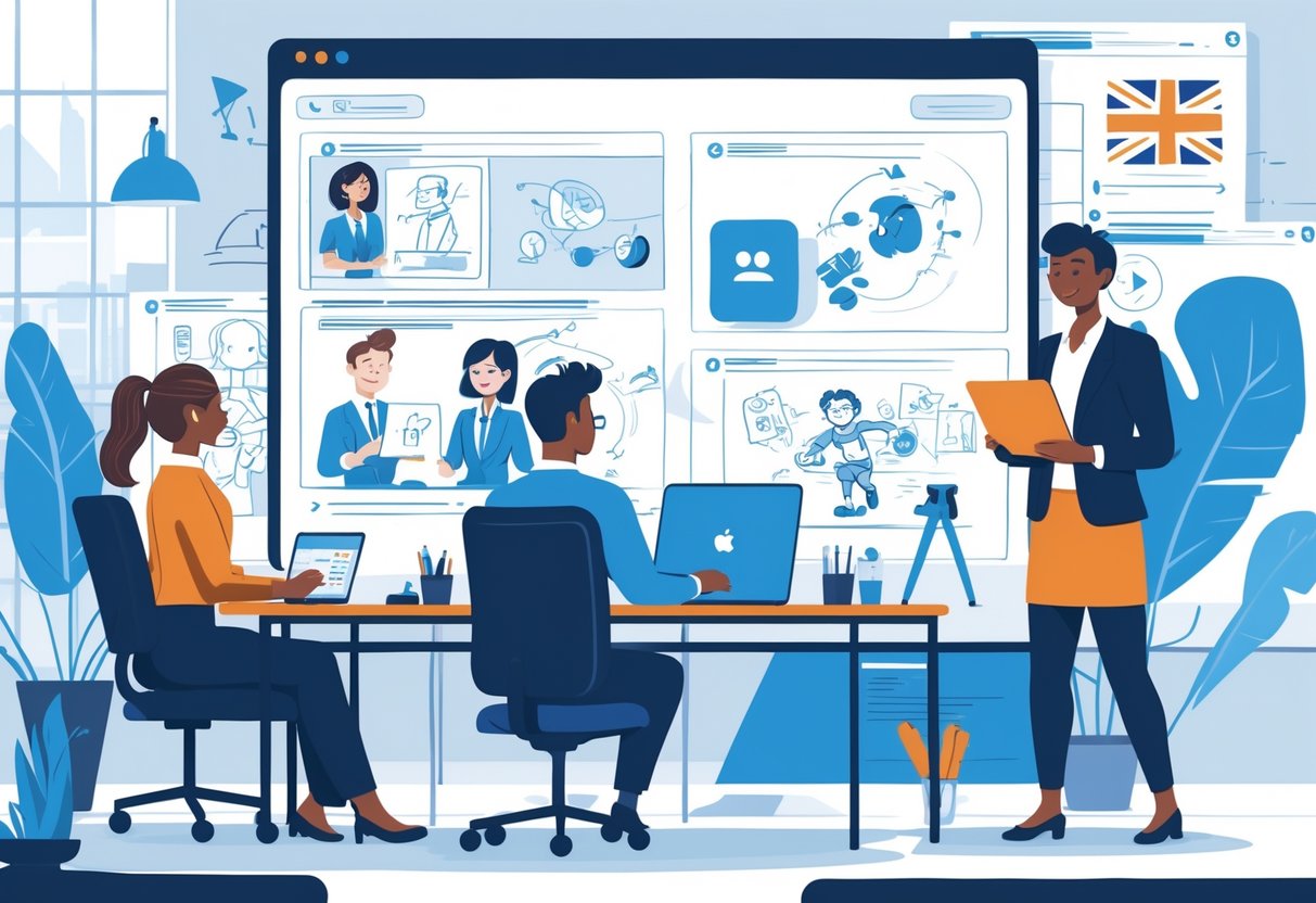 Two professionals having a video call about animation projects, with animation sketches and digital tools visible, set in a modern office featuring UK cultural elements.
