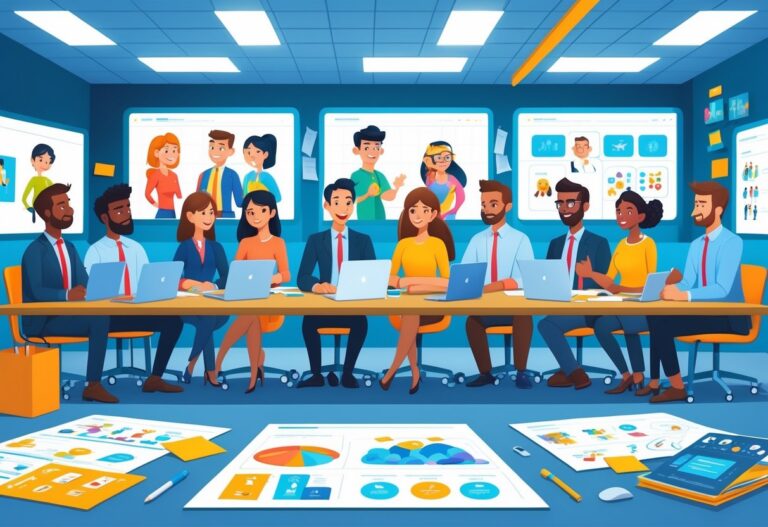 A group of people in a modern office discussing animation ideas around a table with laptops and sketches.