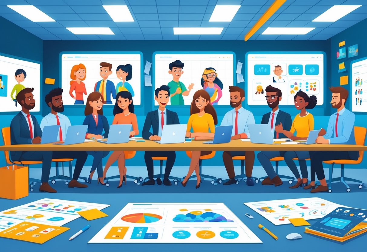 A group of people in a modern office discussing animation ideas around a table with laptops and sketches.