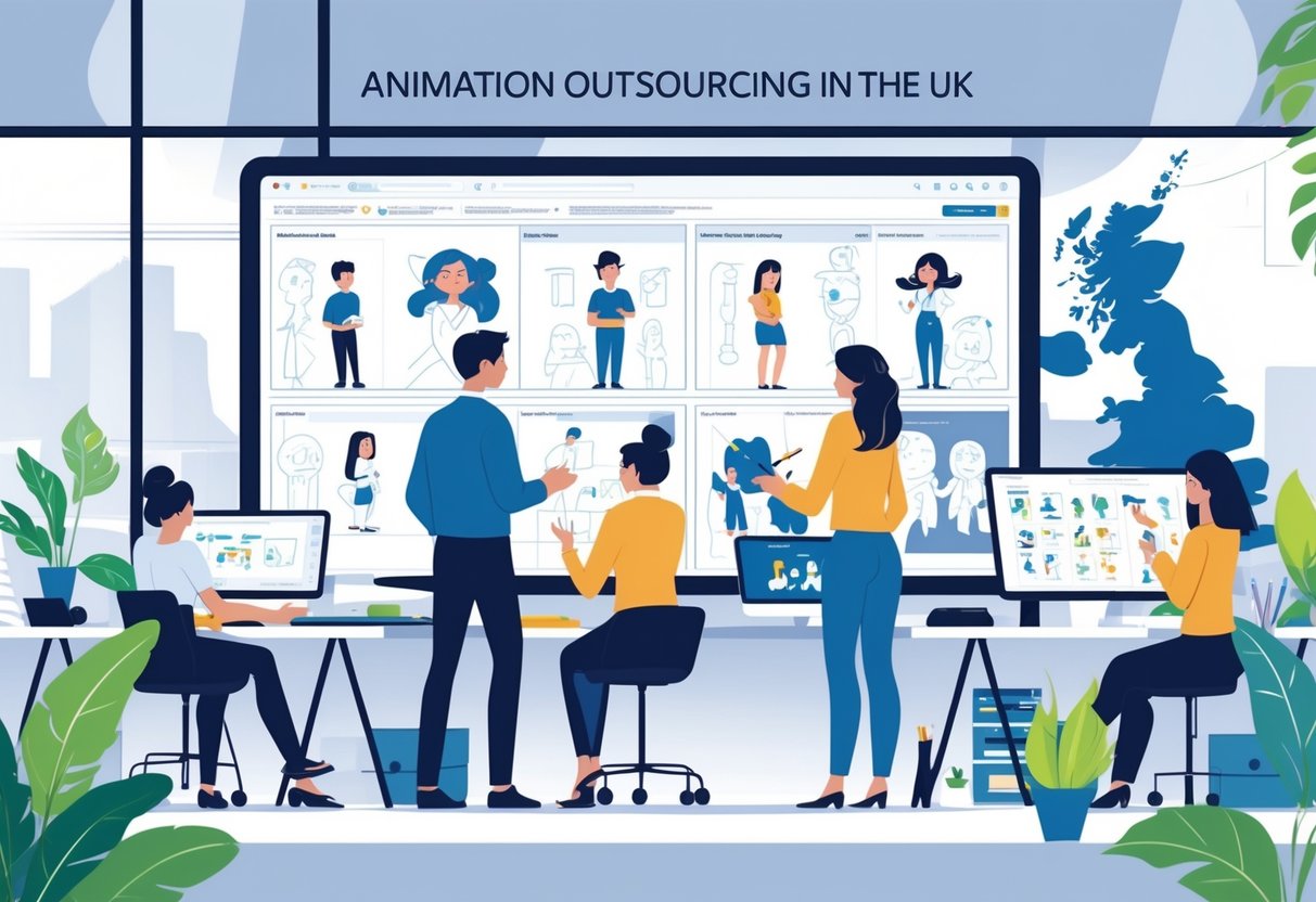 A team of creative professionals working together in an office with digital screens showing animation designs and a map outline of the United Kingdom in the background.