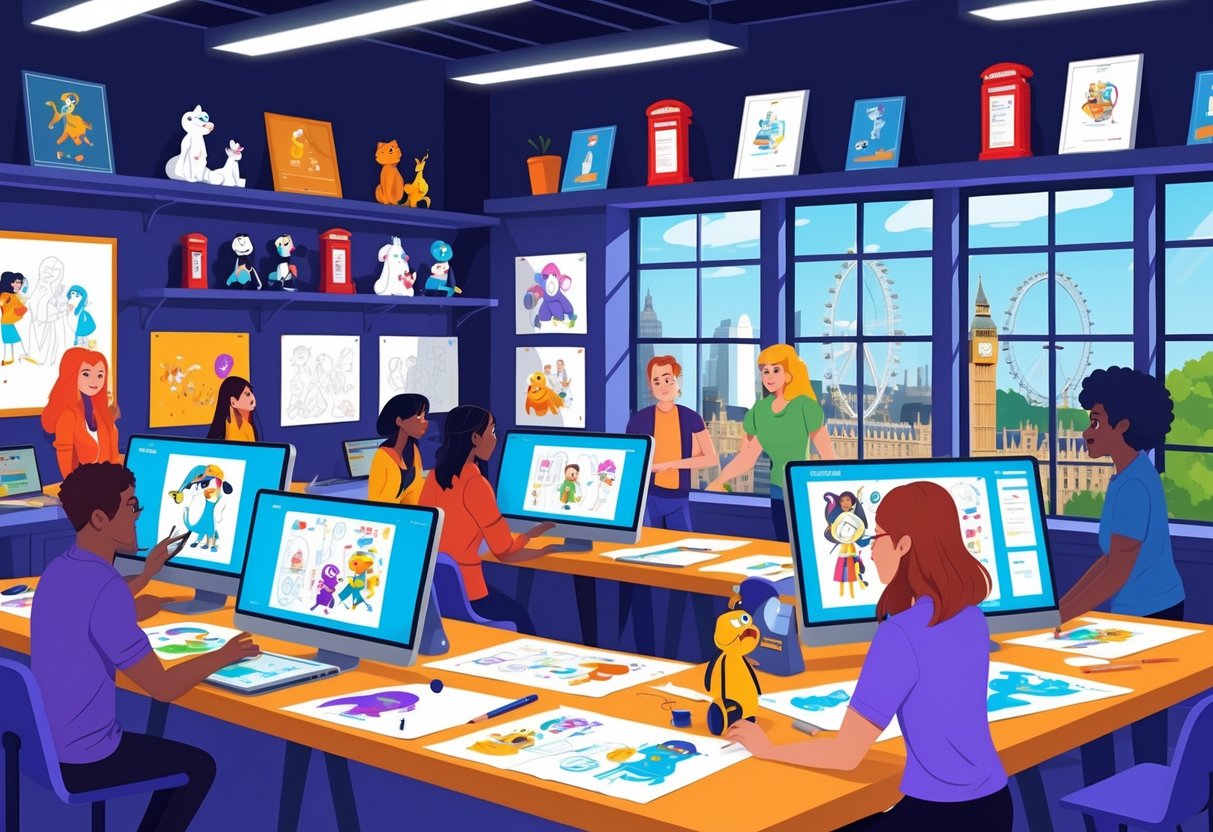 A busy animation studio with people working on digital drawings and colourful character designs, with UK cultural items visible through a window.