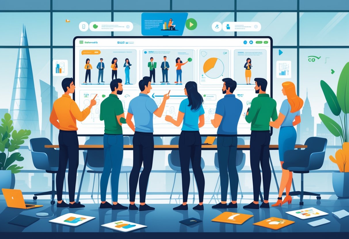 A group of people working together around a table in an office, looking at animated graphics on a large screen with London landmarks visible through the windows.