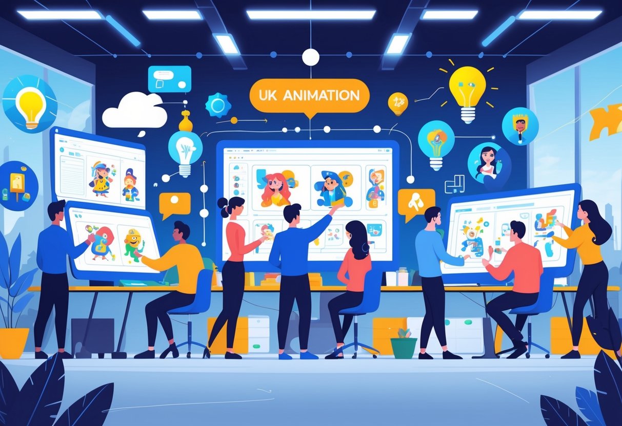 A group of creative professionals working together in a bright animation studio with digital screens showing colourful animated characters and storyboards.