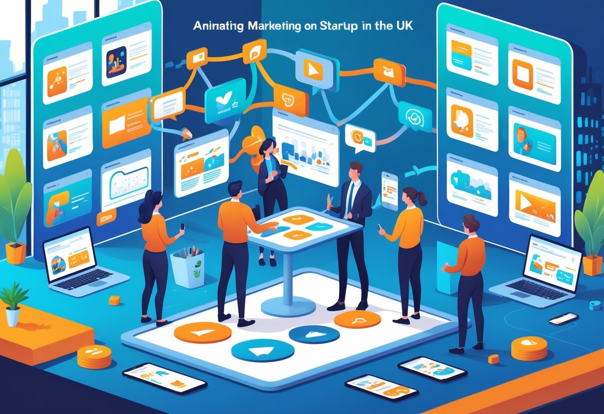 A team of professionals collaborating around a digital table with animated content, surrounded by devices showing marketing animations and a screen displaying connected marketing channels in an office with a view of a city skyline.