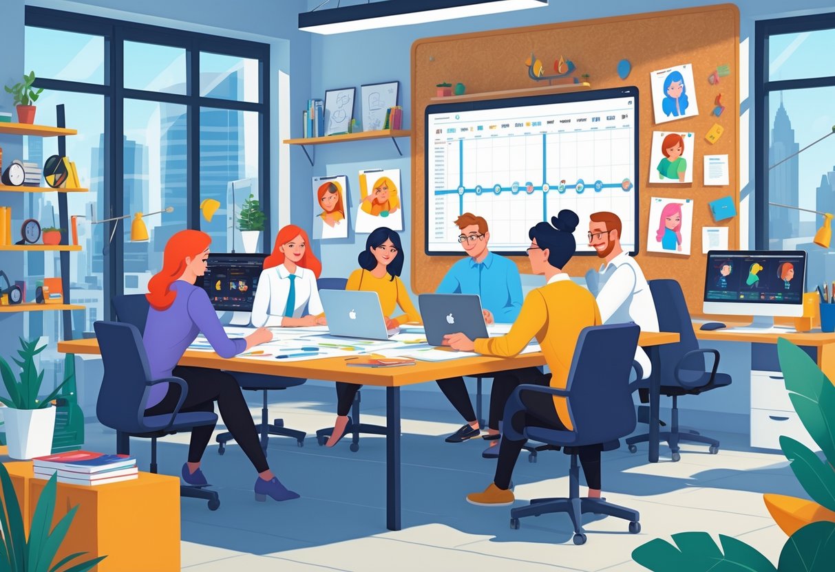 A team of creative professionals working together in a modern animation agency office with animation tools and sketches around them.