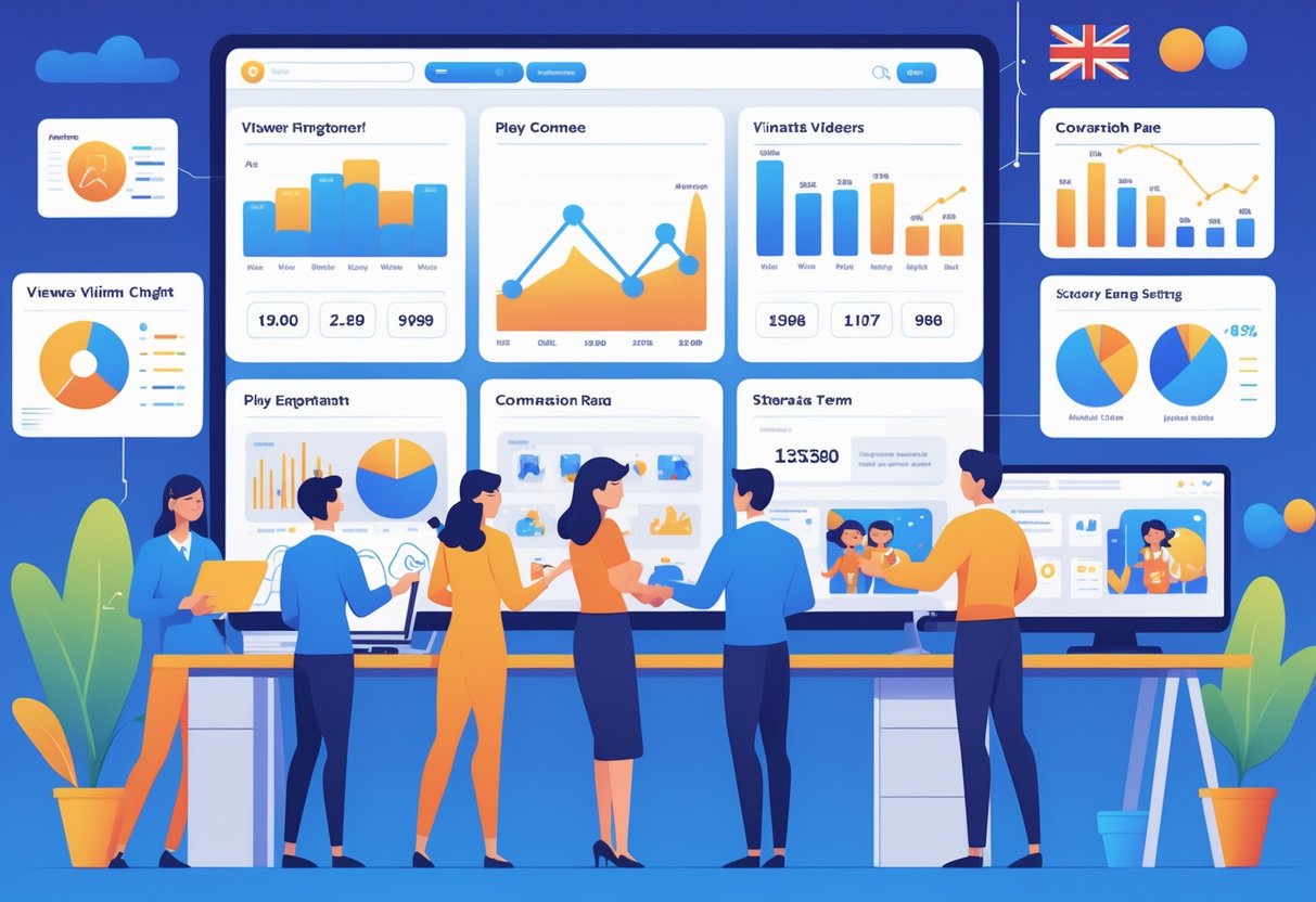 A group of professionals in an office reviewing animated video performance data on digital screens with animation work visible in the background and a subtle UK symbol present.