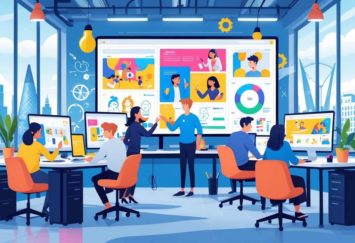 A group of young professionals working together in a modern office with animation designs on screens and a UK cityscape visible through the windows.