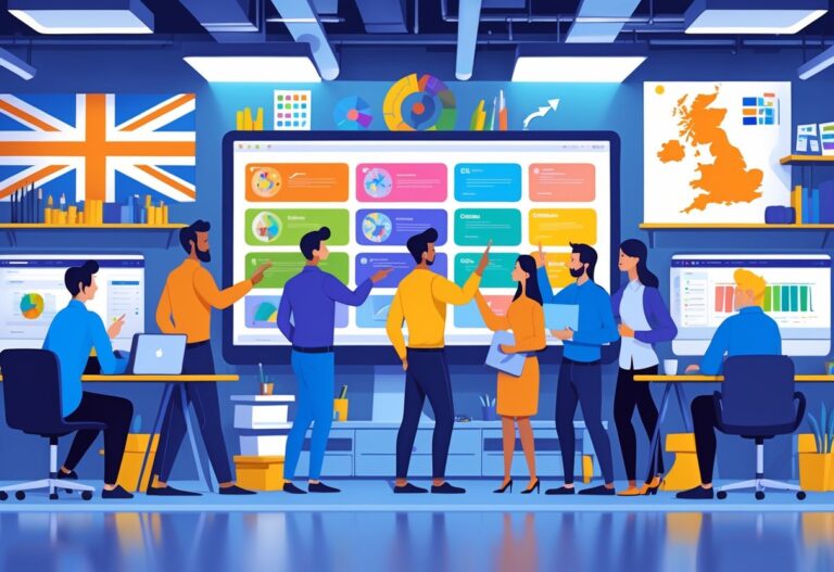 A team of creative professionals collaborating around a digital screen displaying animated storyboards in a modern office.