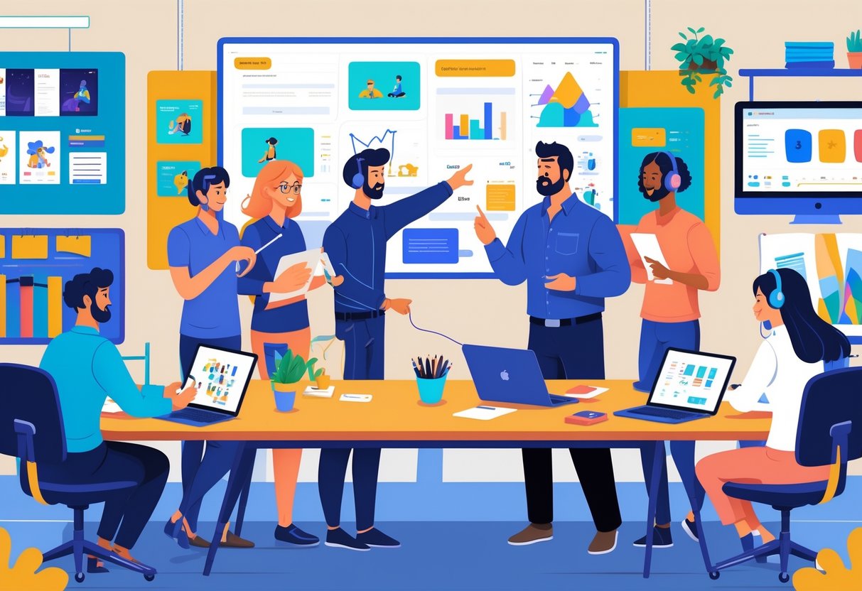 A group of animation professionals working together around a table with digital devices and storyboards in a creative office setting.