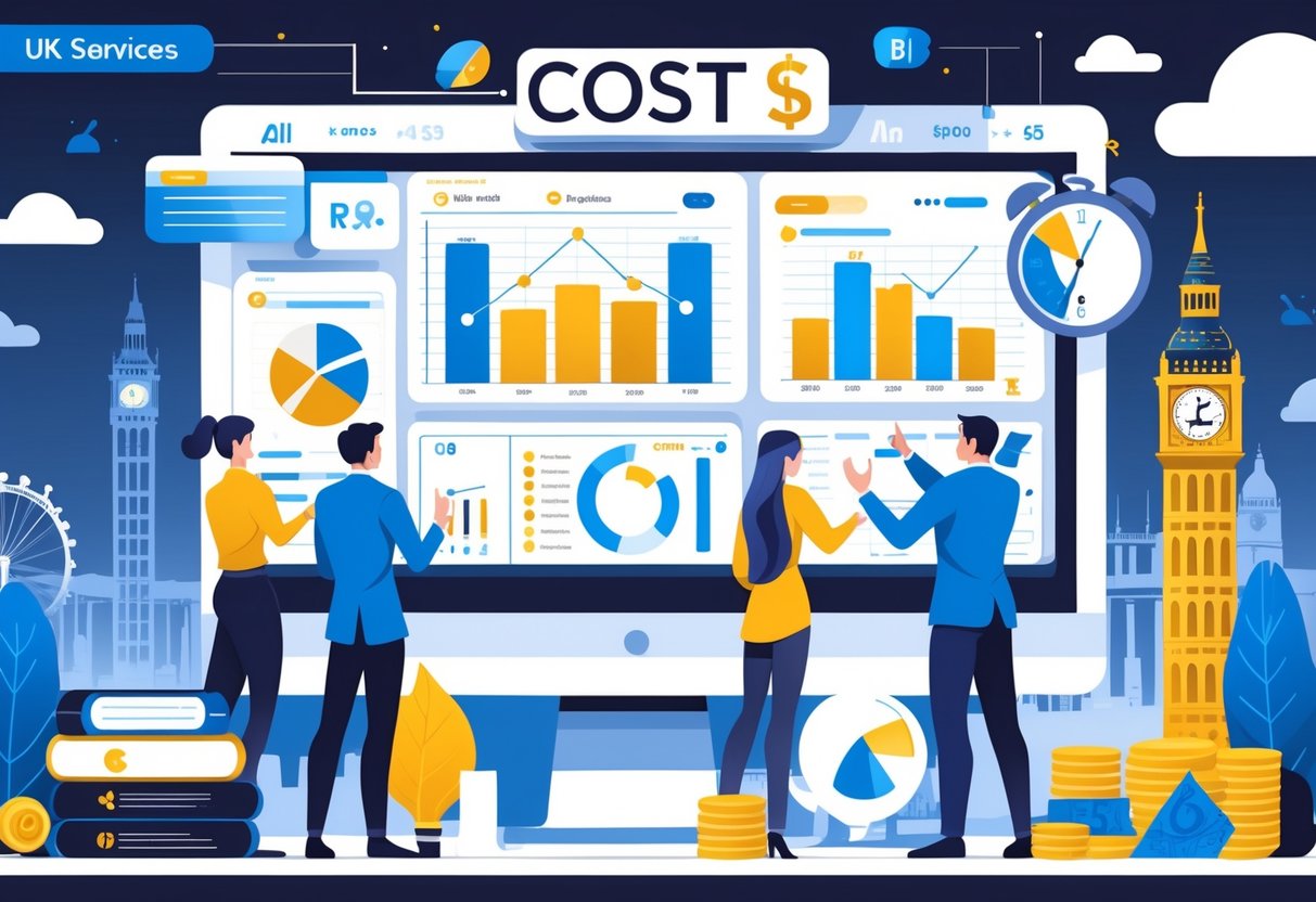 A team of creative professionals in an office working together with digital charts and animation tools, with UK landmarks visible in the background.