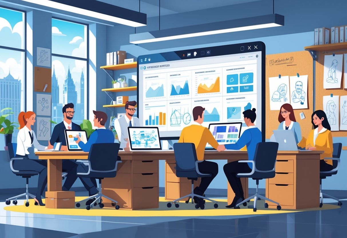 A team of professionals collaborating in an office with digital screens showing animation storyboards and video timelines, surrounded by creative tools and UK cityscape visible through a window.