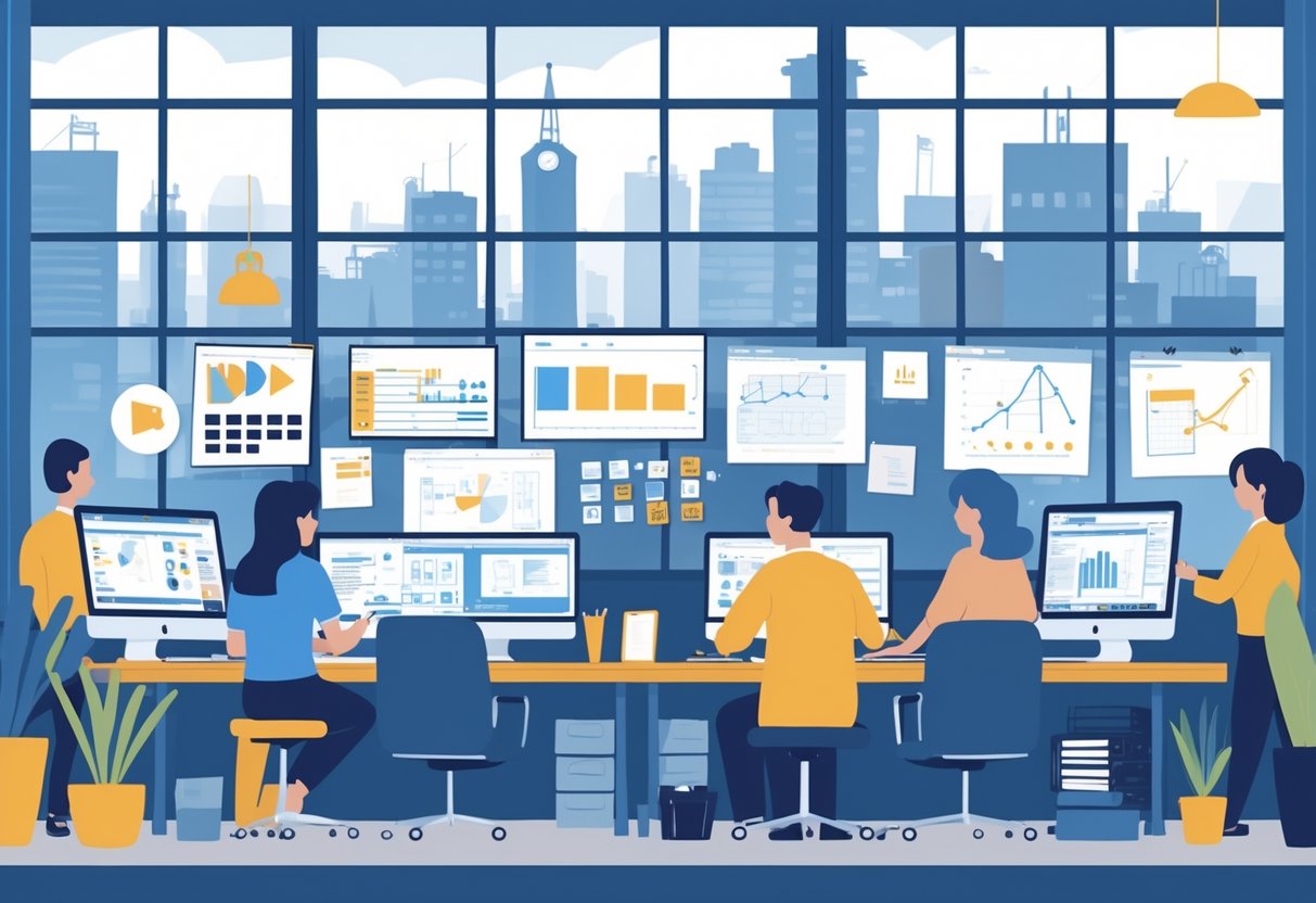 A team of animators working in a studio with computers, storyboards, and animation equipment, with a UK cityscape visible through the windows.