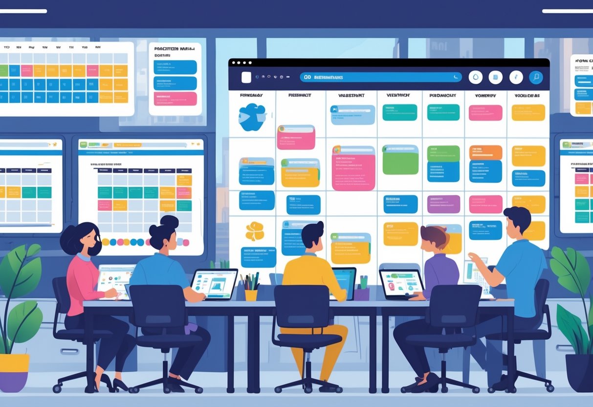 A team of creative professionals working together in an office with a digital calendar, project boards, laptops, and screens showing animated video frames, with a view of the London skyline outside.