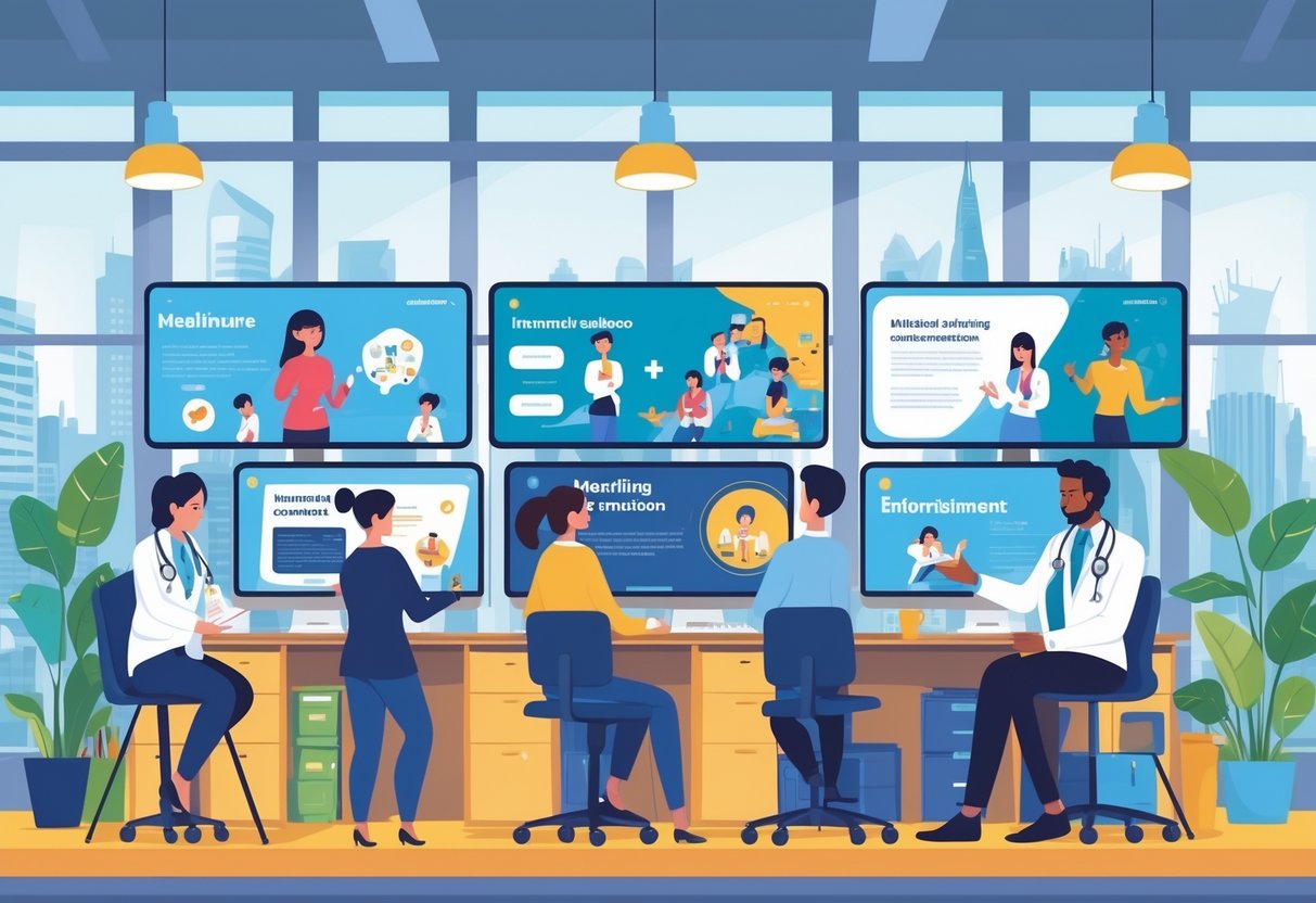 A modern office with professionals viewing animated videos representing healthcare, education, marketing, and entertainment industries, with a London skyline visible through the window.