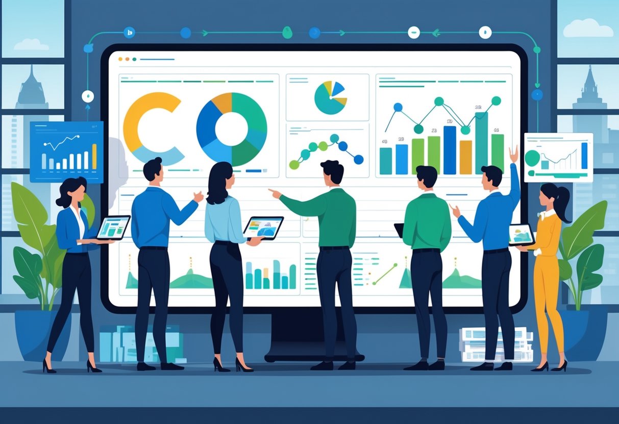 A team of professionals analysing animated video data and charts in an office with UK landmarks visible outside.