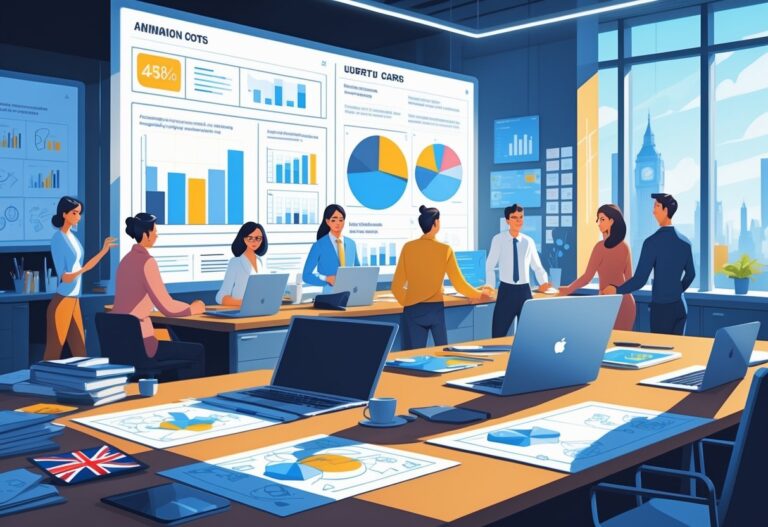 A team of creative professionals working together in an office with animation materials and charts, with a view of London outside the window.