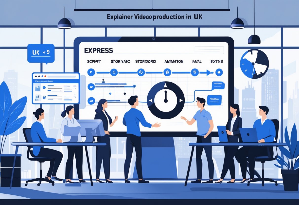 A team of creative professionals working together in an office with a digital timeline showing stages of video production, a clock icon indicating speed, and a view of the London skyline through a window.