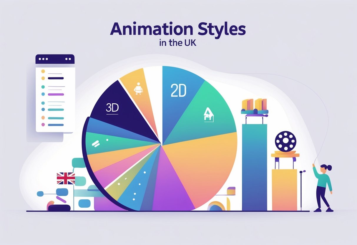 An infographic showing a colourful chart breaking down costs of different animation styles with icons representing each style and subtle UK-themed background elements.
