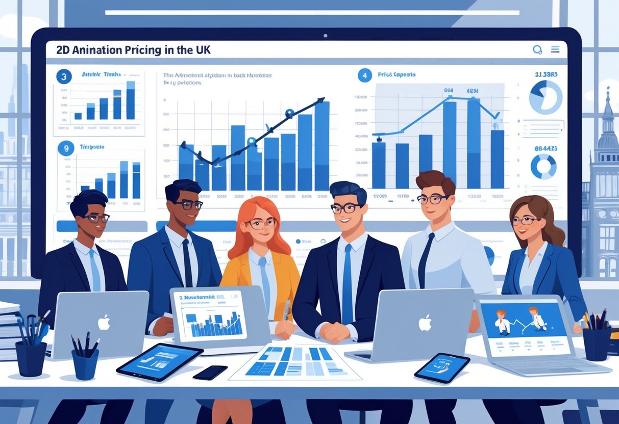 A team of professionals working together in an office with computers and sketches related to 2D animation and pricing, with a view of London landmarks outside the window.